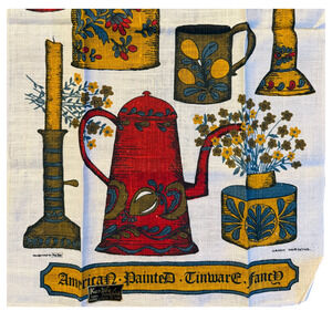 Vintage Linen Tea Towel Kay Dee + Sticker American Painted Tinware Fancy MCM NWT